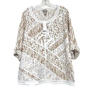 Chico’s Women’s 3 Highland Park Animal Print Embroidered 3/4 Sleeve Popover Top